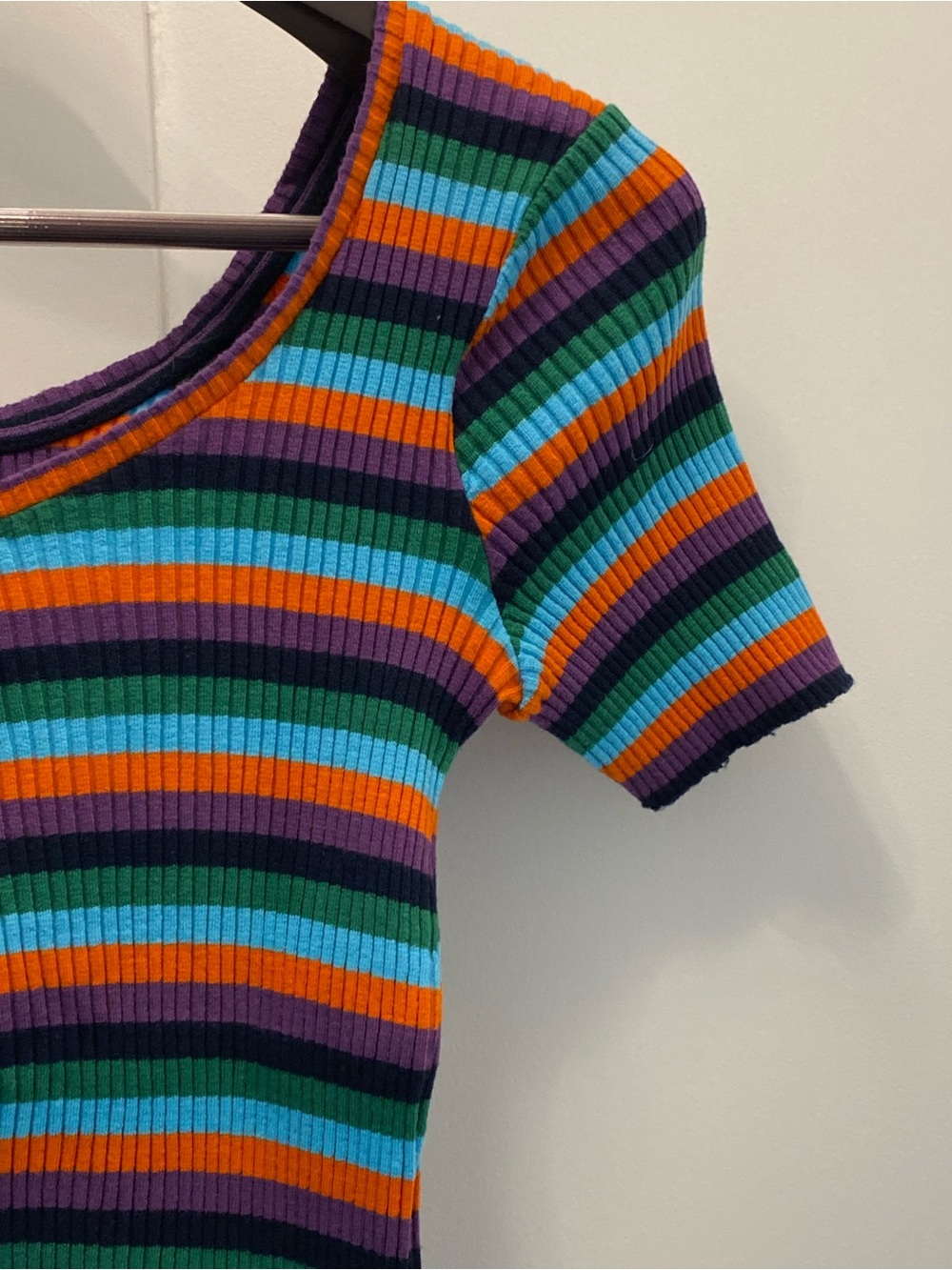 Vintage Multi-Stripe Ribbed Scoop Neck Tee - Blue, Green, Orange, Purple - Picture 6 of 11